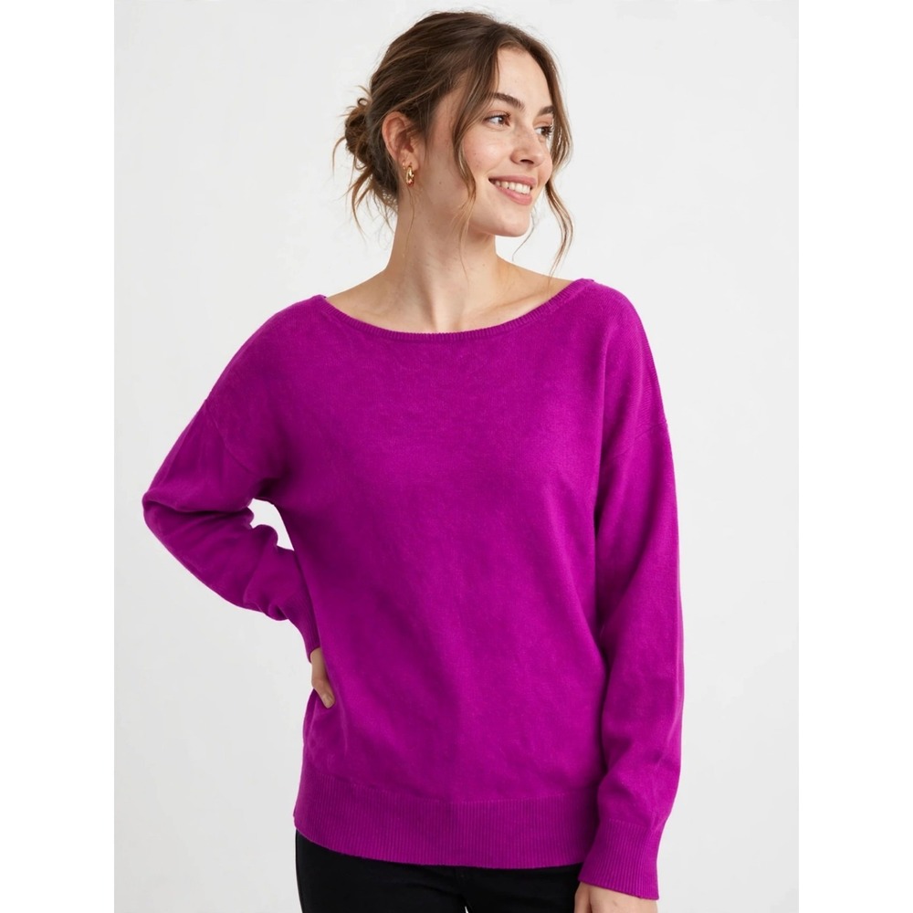 Trina Turk Women's Magenta Wool Cashmere Boat Neck Sweater Bow Back L